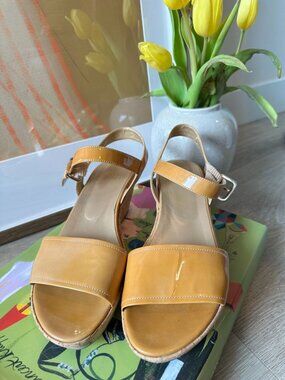 Stuart Weitzman Yellow / Tan Patent Leather Cork Wedge Sandals